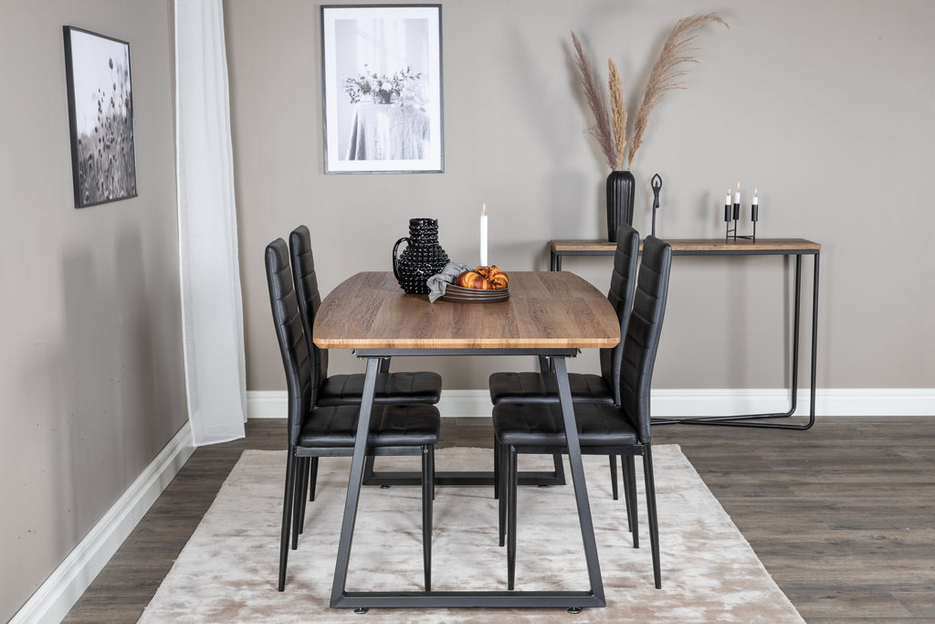 Inca matbord ek 160/200x85xH75 med 4 Slim High Back Dining Chair svart PU