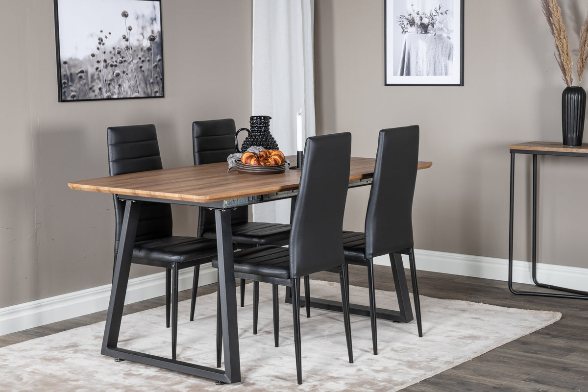 Inca matbord ek 160/200x85xH75 med 4 Slim High Back Dining Chair svart PU