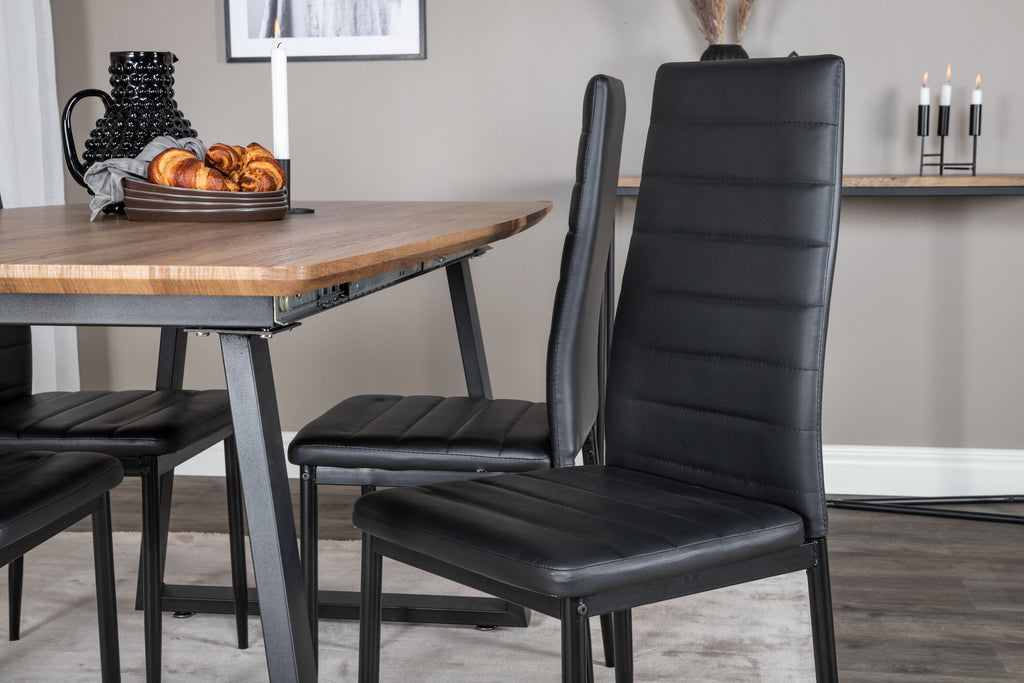 Inca matbord ek 160/200x85xH75 med 4 Slim High Back Dining Chair svart PU