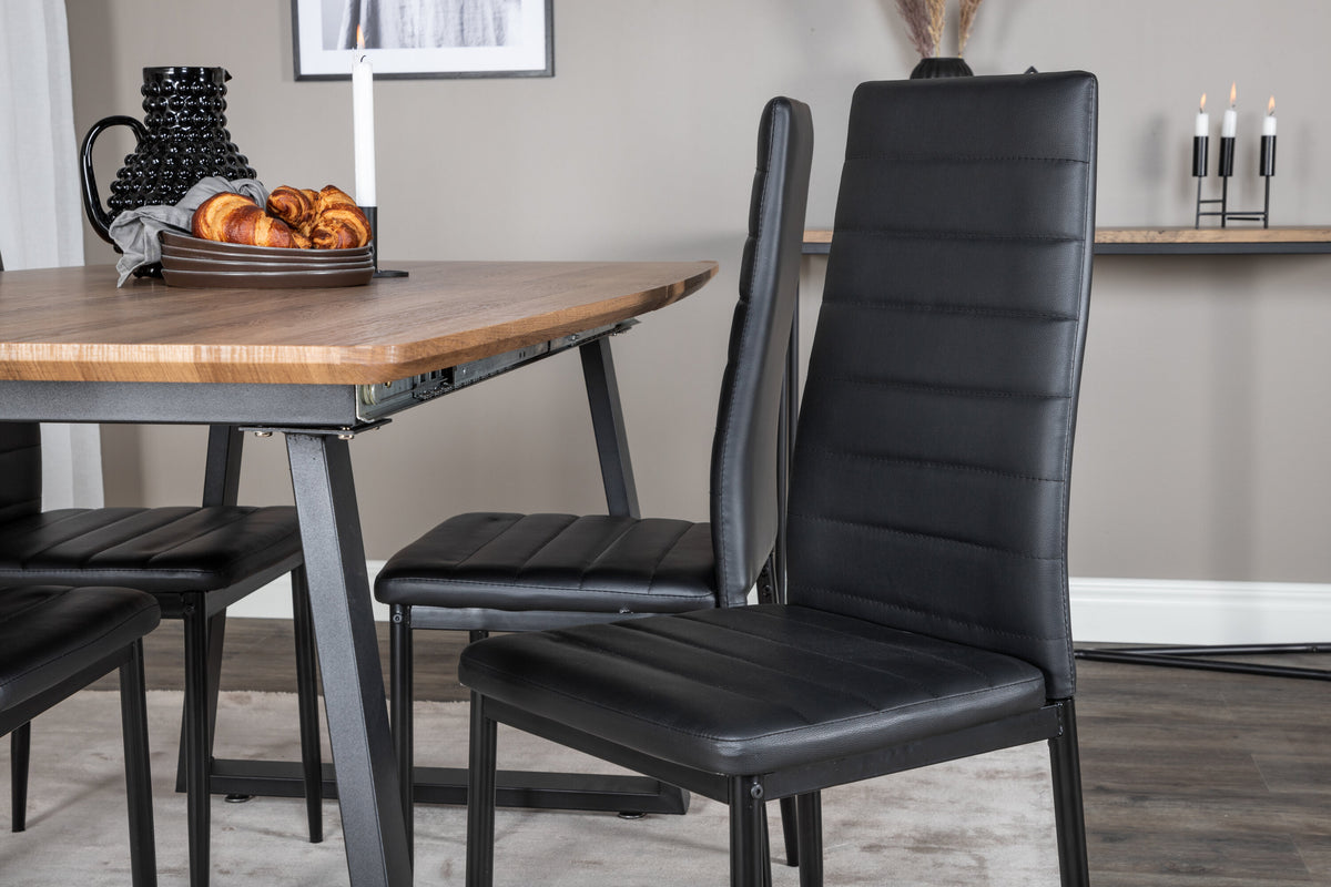 Inca matbord ek 160/200x85xH75 med 4 Slim High Back Dining Chair svart PU