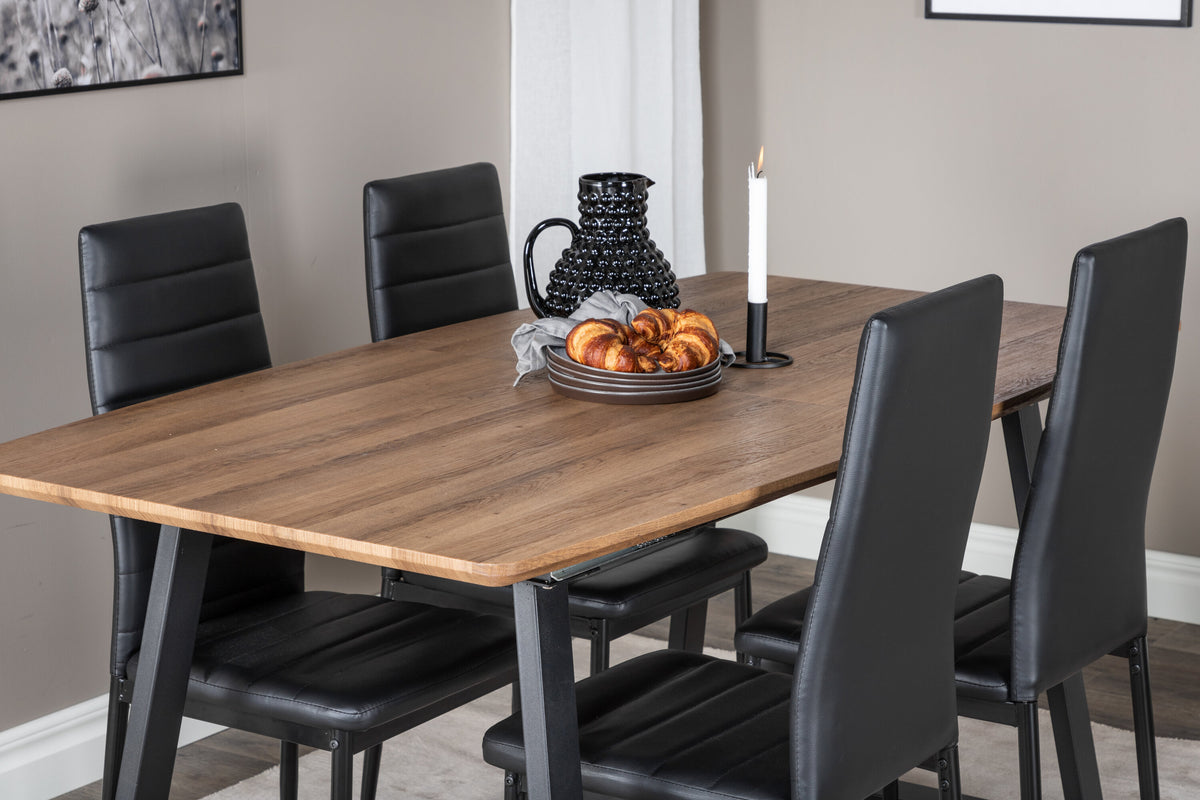 Inca matbord ek 160/200x85xH75 med 4 Slim High Back Dining Chair svart PU