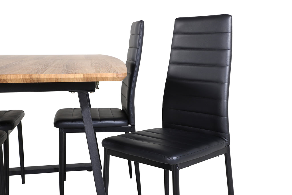 Inca matbord ek 160/200x85xH75 med 4 Slim High Back Dining Chair svart PU