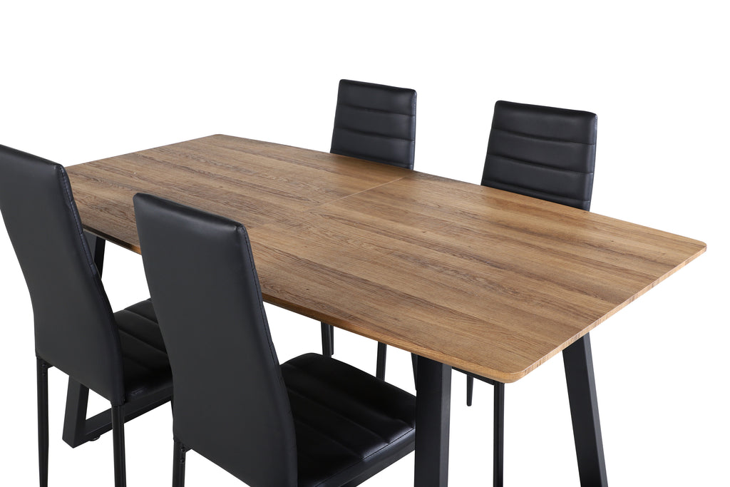 Inca matbord ek 160/200x85xH75 med 4 Slim High Back Dining Chair svart PU