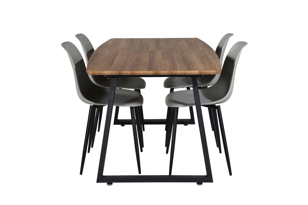 Inca matbord 160/200x85xH75 ek/svart med 4 Polar plastmatstolar svarta ben grå plast