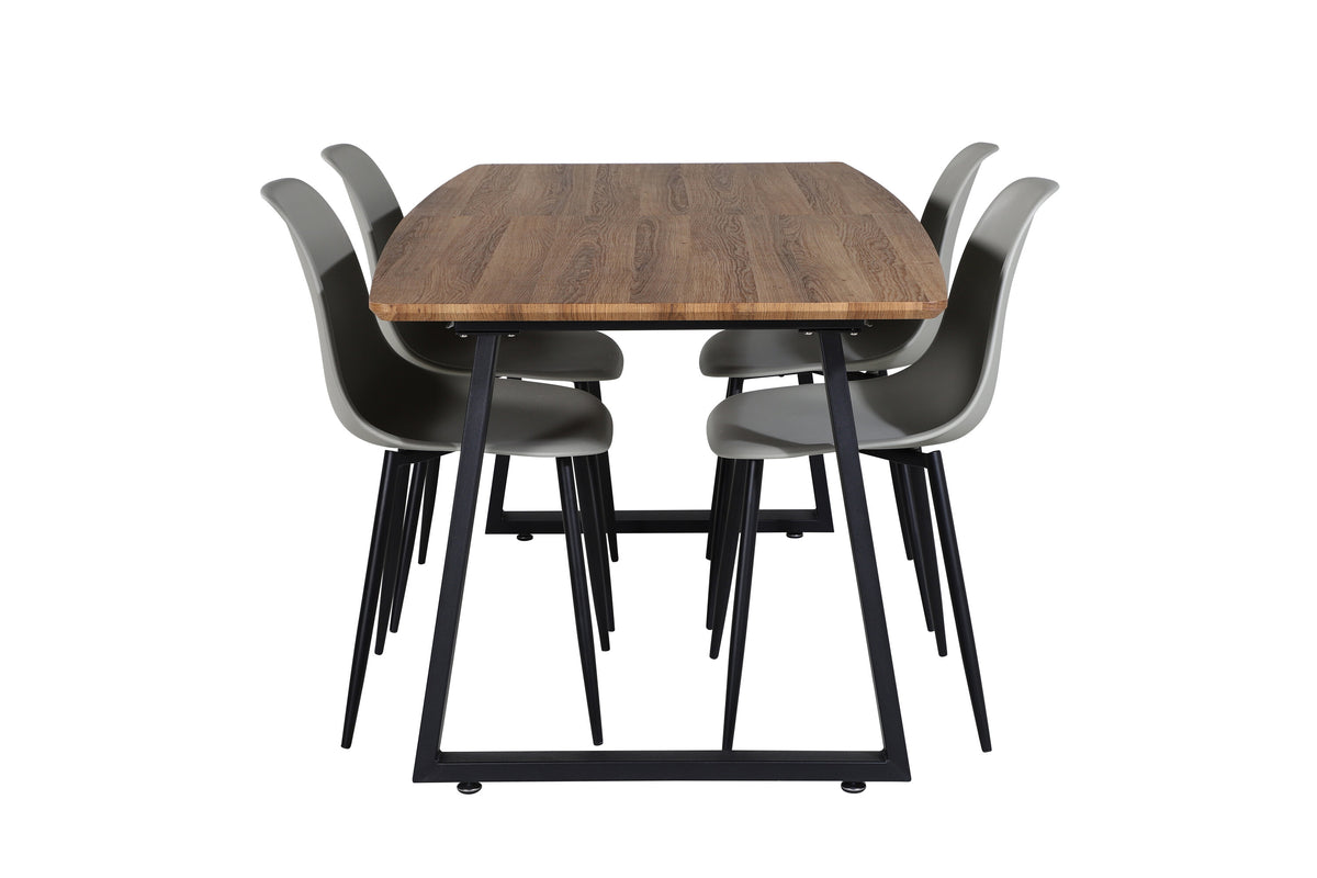 Inca matbord 160/200x85xH75 ek/svart med 4 Polar plastmatstolar svarta ben grå plast
