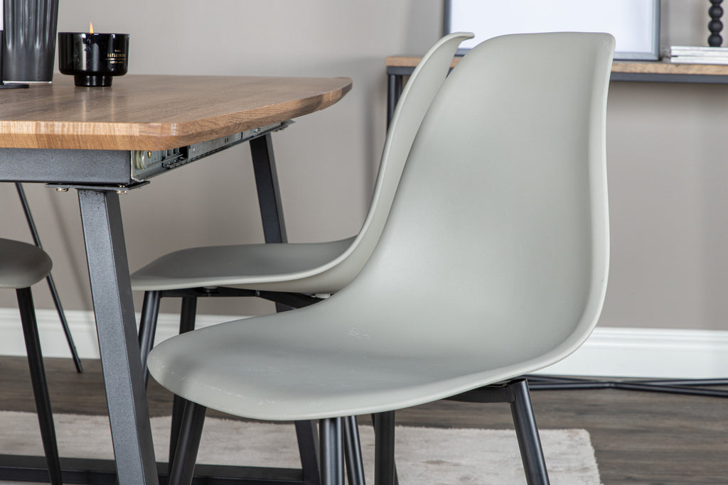 Inca matbord 160/200x85xH75 ek/svart med 4 Polar plastmatstolar svarta ben grå plast