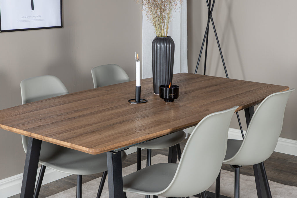Inca matbord 160/200x85xH75 ek/svart med 4 Polar plastmatstolar svarta ben grå plast