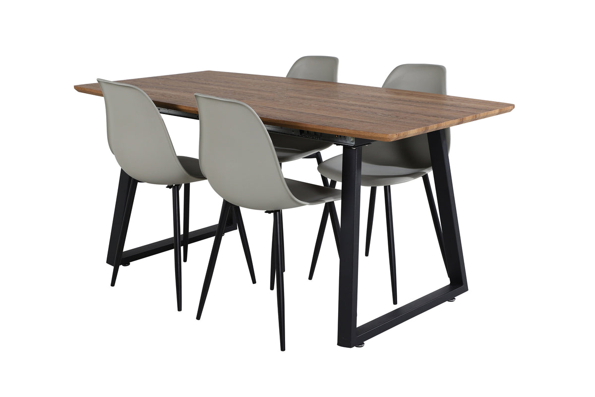 Inca matbord 160/200x85xH75 ek/svart med 4 Polar plastmatstolar svarta ben grå plast