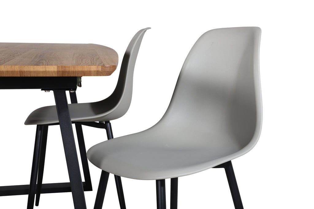 Inca matbord 160/200x85xH75 ek/svart med 4 Polar plastmatstolar svarta ben grå plast