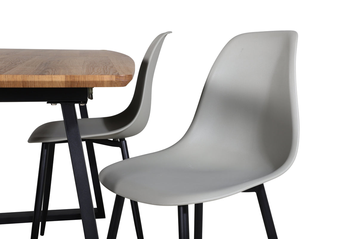 Inca matbord 160/200x85xH75 ek/svart med 4 Polar plastmatstolar svarta ben grå plast