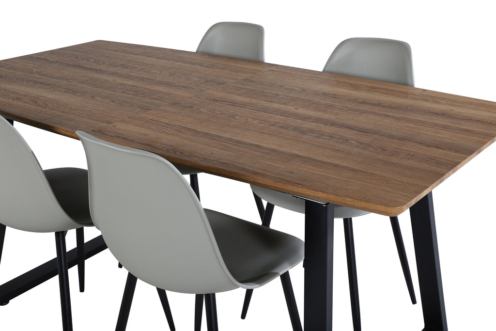 Inca matbord 160/200x85xH75 ek/svart med 4 Polar plastmatstolar svarta ben grå plast