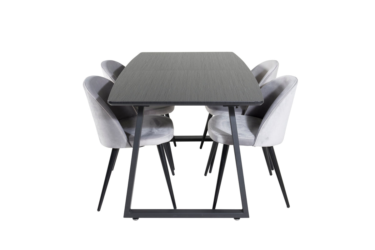 Inca utdragbart matbord svart med 4 Velvet Dining Chair ljusgrå