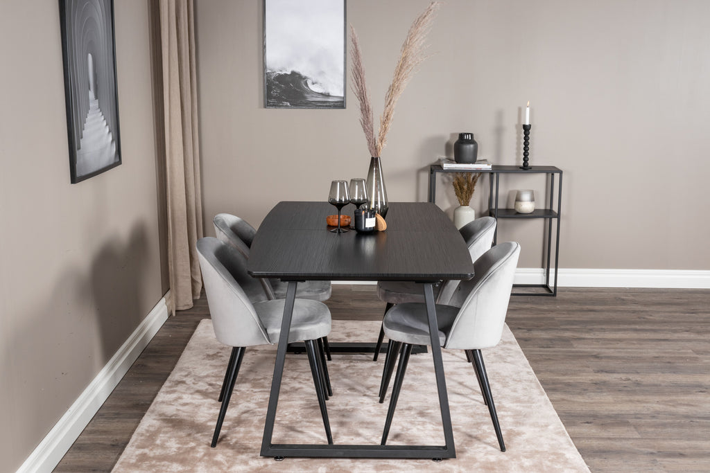 Inca utdragbart matbord svart med 4 Velvet Dining Chair ljusgrå