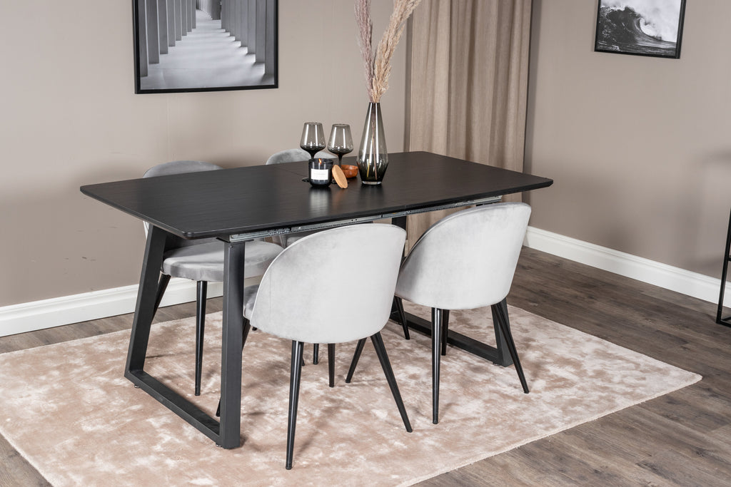 Inca utdragbart matbord svart med 4 Velvet Dining Chair ljusgrå