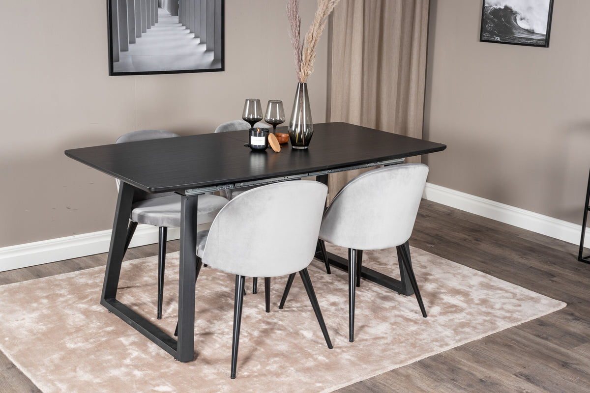 Inca utdragbart matbord svart med 4 Velvet Dining Chair ljusgrå