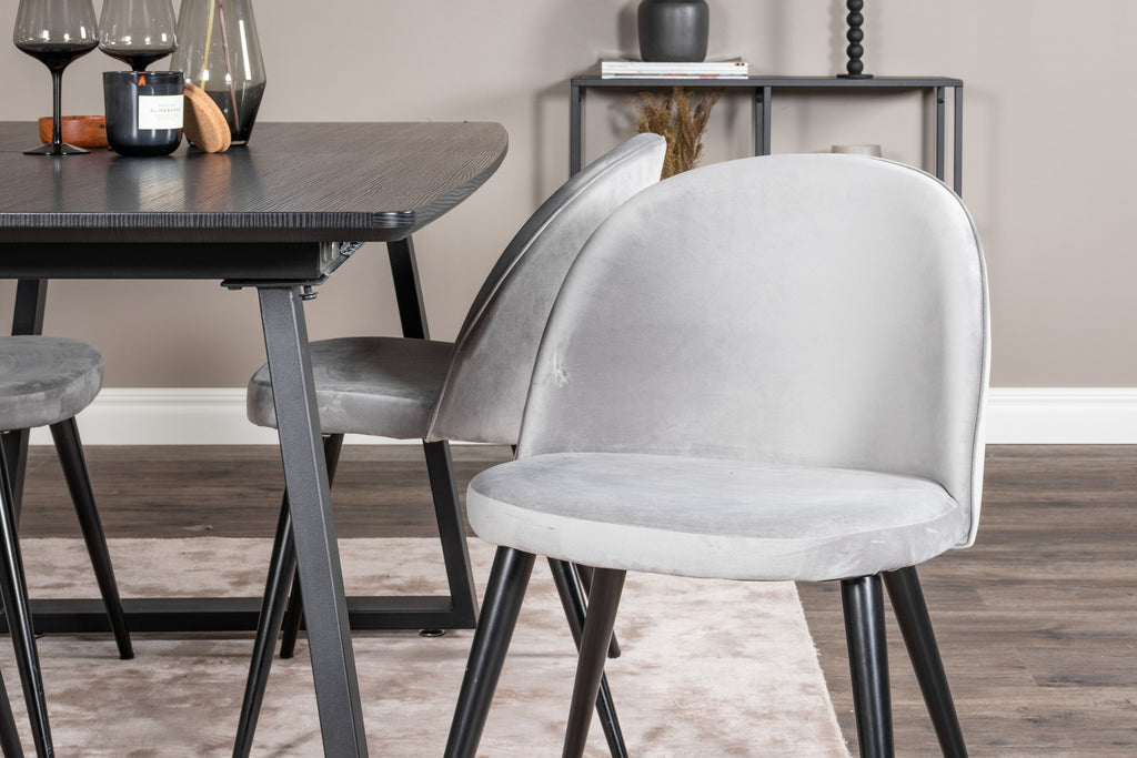 Inca utdragbart matbord svart med 4 Velvet Dining Chair ljusgrå