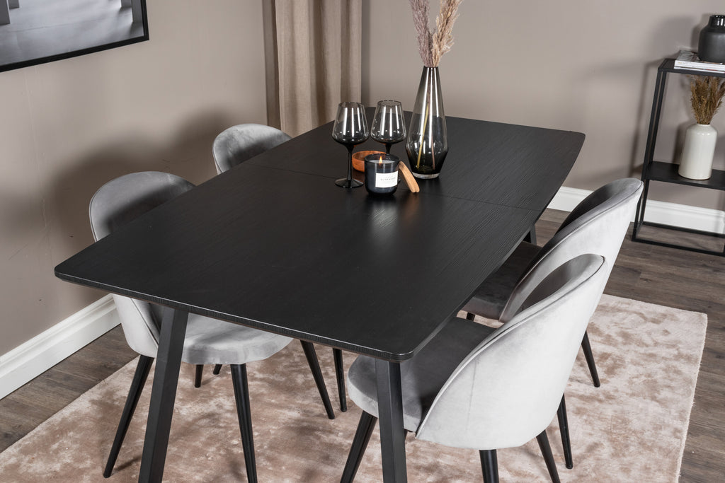 Inca utdragbart matbord svart med 4 Velvet Dining Chair ljusgrå
