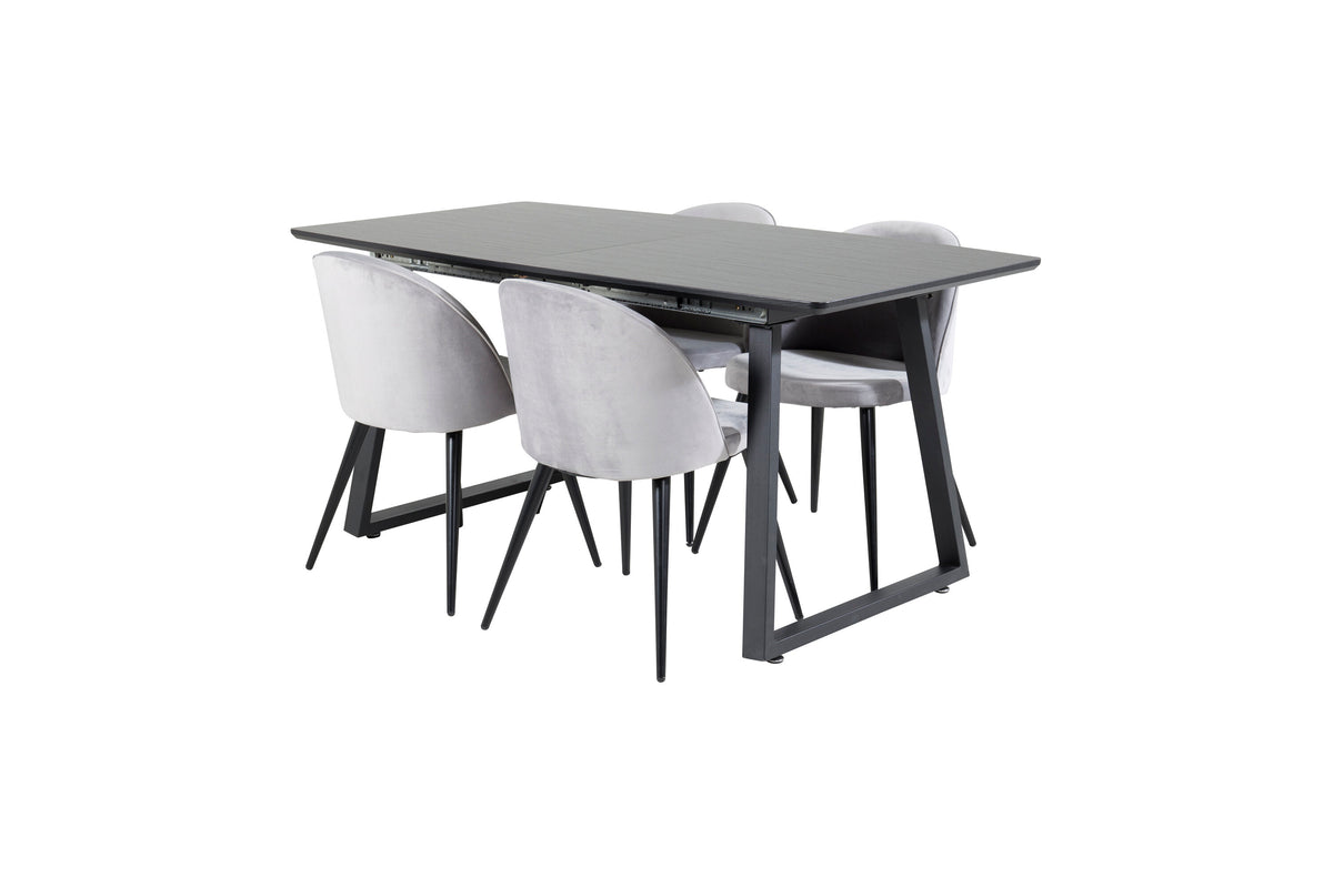 Inca utdragbart matbord svart med 4 Velvet Dining Chair ljusgrå