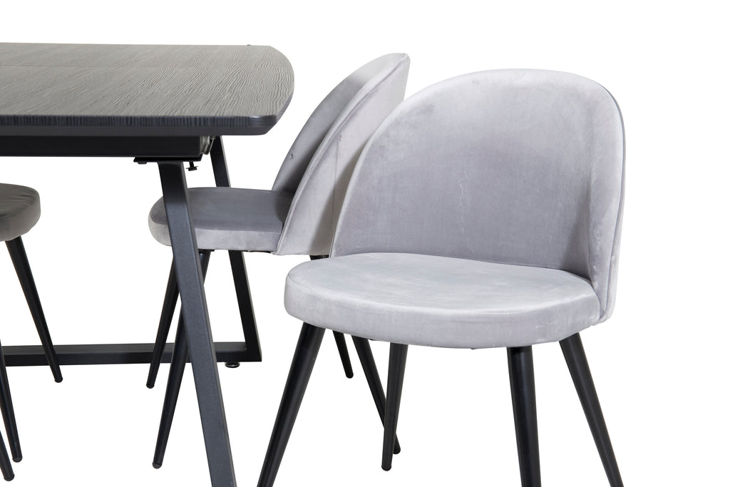 Inca utdragbart matbord svart med 4 Velvet Dining Chair ljusgrå