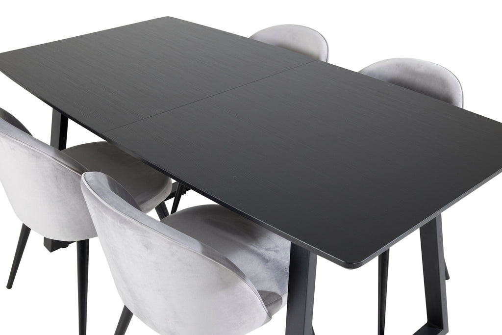 Inca utdragbart matbord svart med 4 Velvet Dining Chair ljusgrå