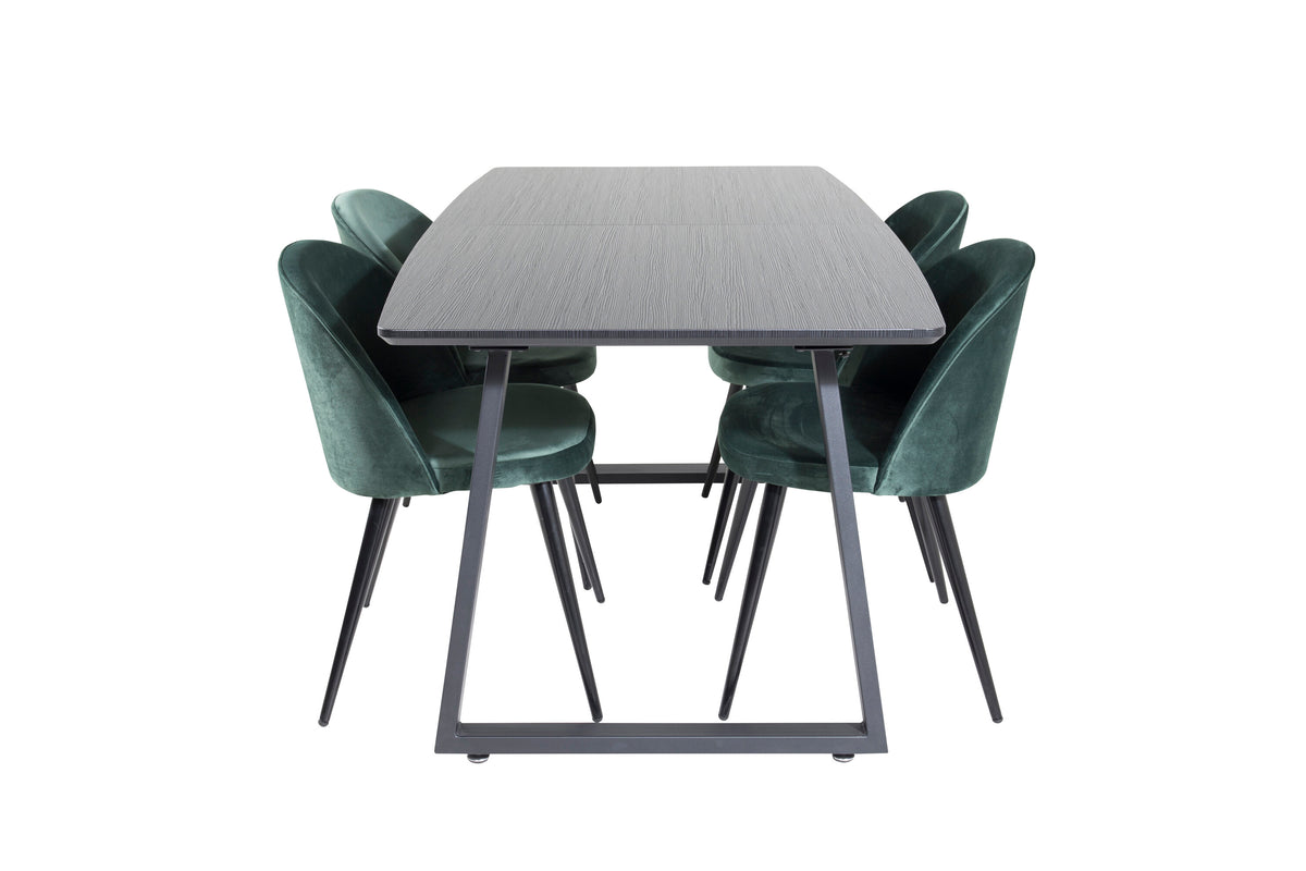 Inca utdragbart matbord svart med 4 Velvet Dining Chair grön