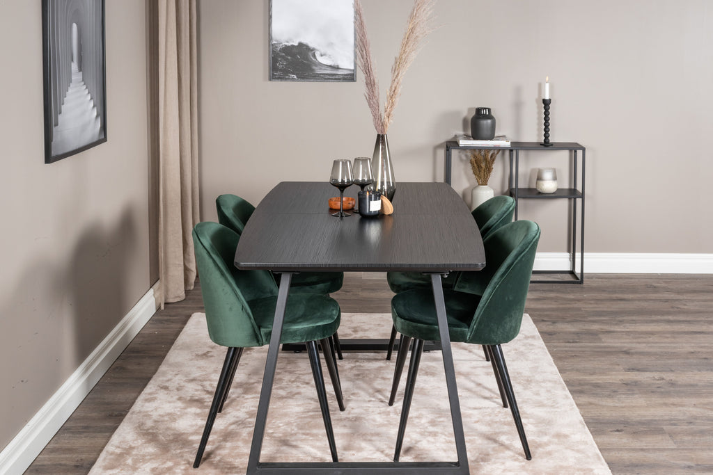 Inca utdragbart matbord svart med 4 Velvet Dining Chair grön