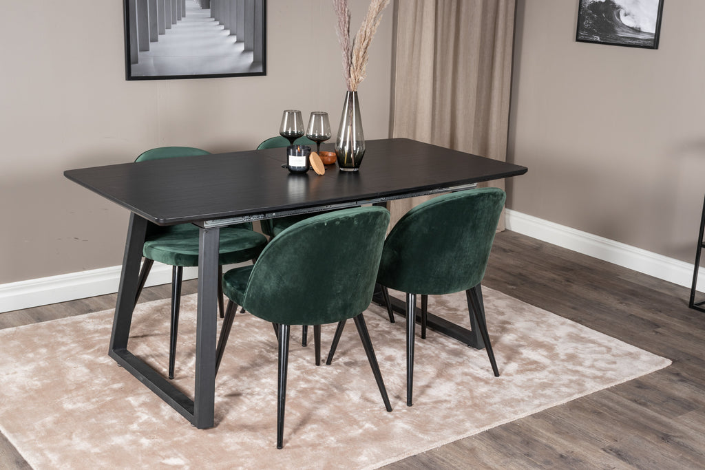 Inca utdragbart matbord svart med 4 Velvet Dining Chair grön
