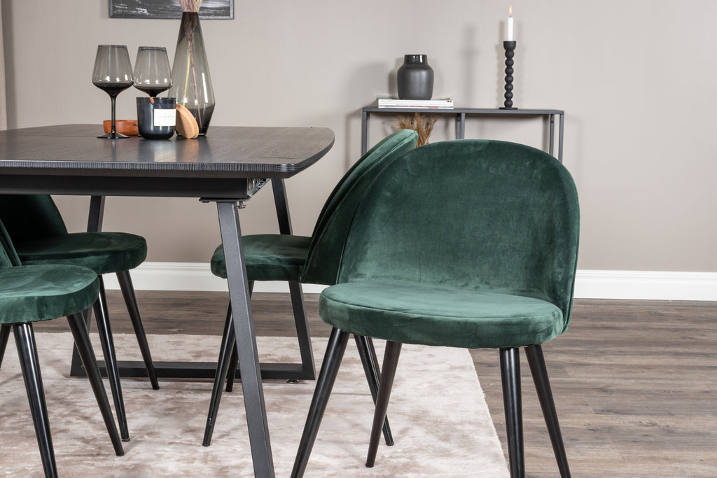 Inca utdragbart matbord svart med 4 Velvet Dining Chair grön