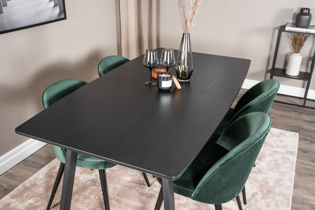 Inca utdragbart matbord svart med 4 Velvet Dining Chair grön