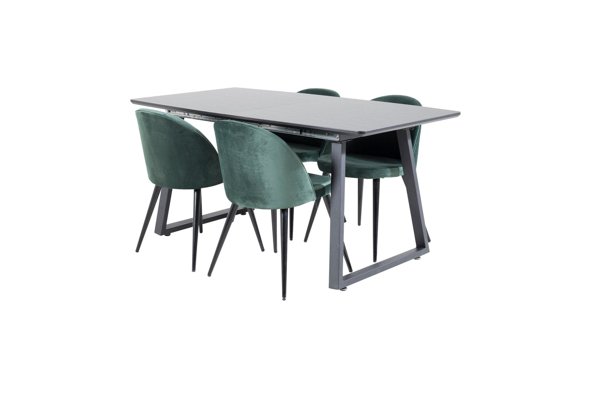 Inca utdragbart matbord svart med 4 Velvet Dining Chair grön