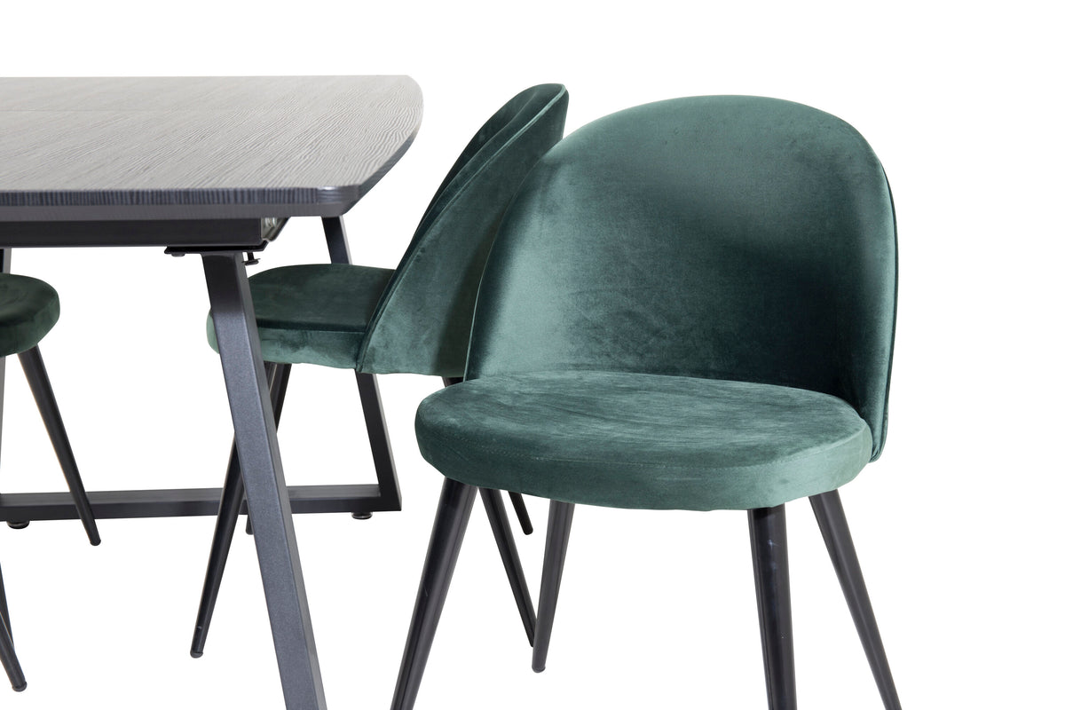 Inca utdragbart matbord svart med 4 Velvet Dining Chair grön