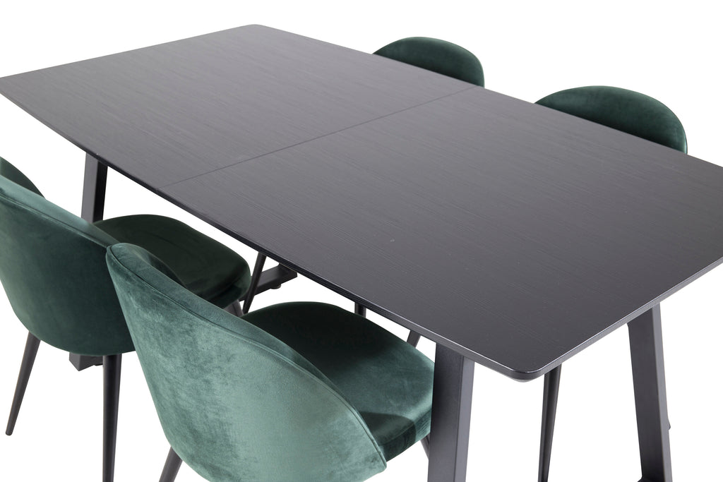 Inca utdragbart matbord svart med 4 Velvet Dining Chair grön