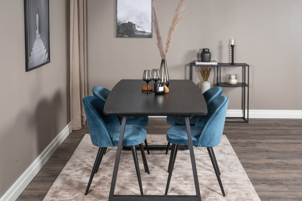 Inca utdragbart matbord svart med 4 Velvet Dining Chair blå