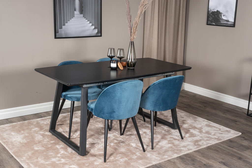 Inca utdragbart matbord svart med 4 Velvet Dining Chair blå