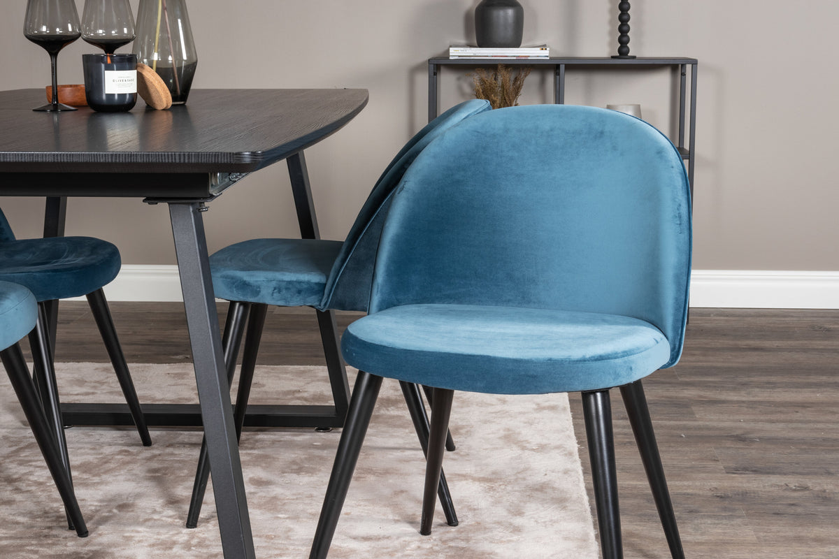 Inca utdragbart matbord svart med 4 Velvet Dining Chair blå