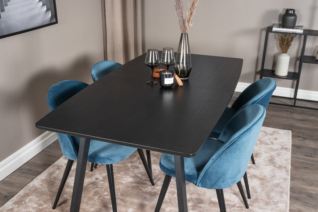 Inca utdragbart matbord svart med 4 Velvet Dining Chair blå
