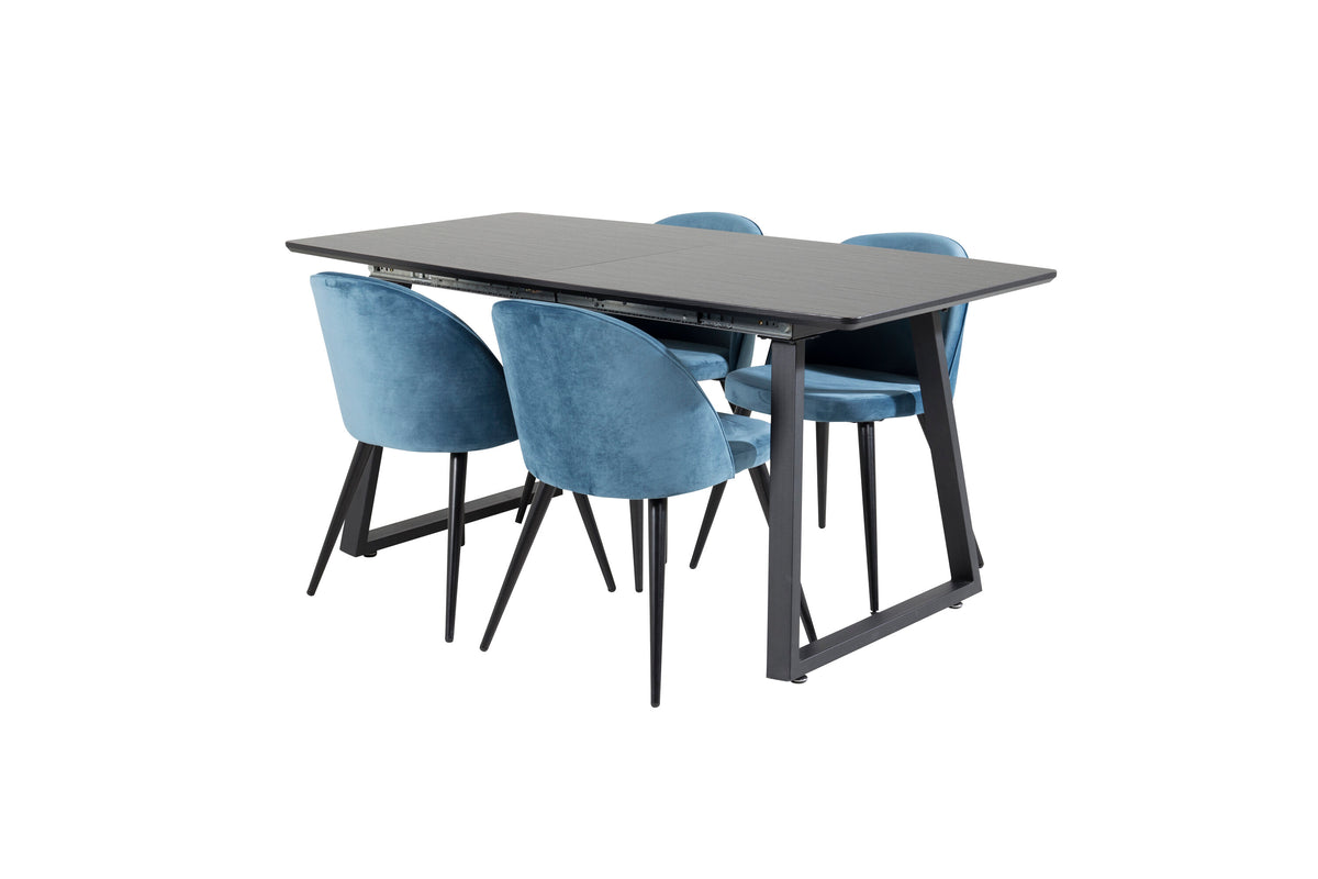 Inca utdragbart matbord svart med 4 Velvet Dining Chair blå