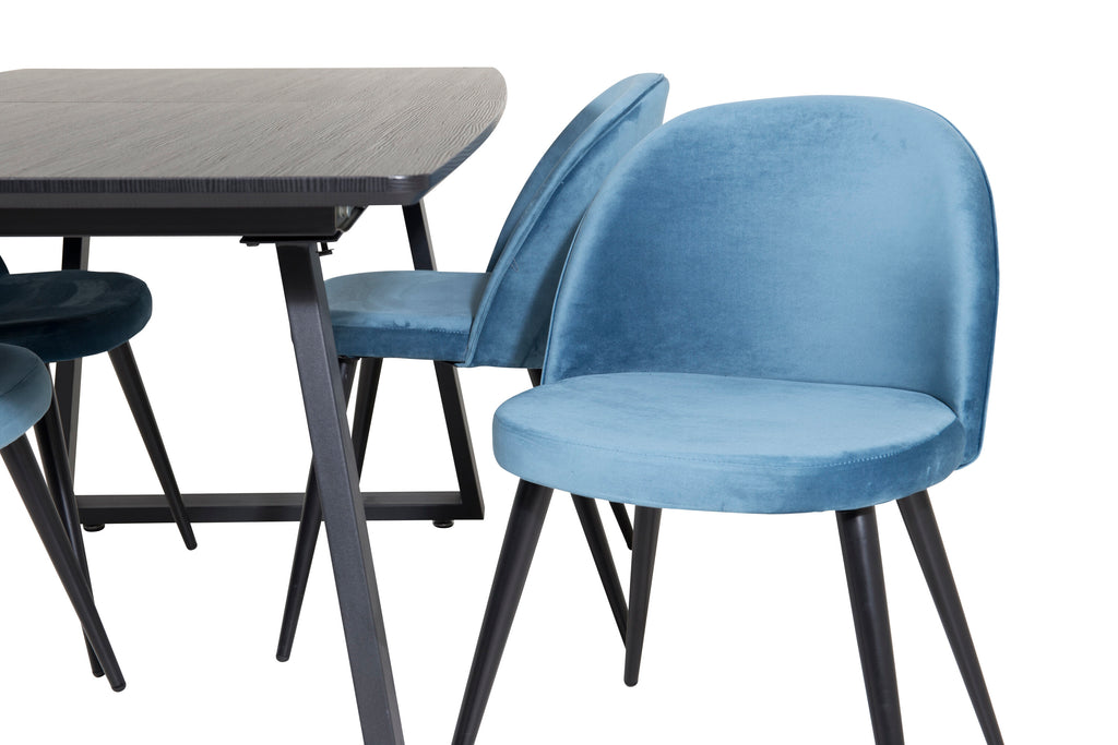 Inca utdragbart matbord svart med 4 Velvet Dining Chair blå
