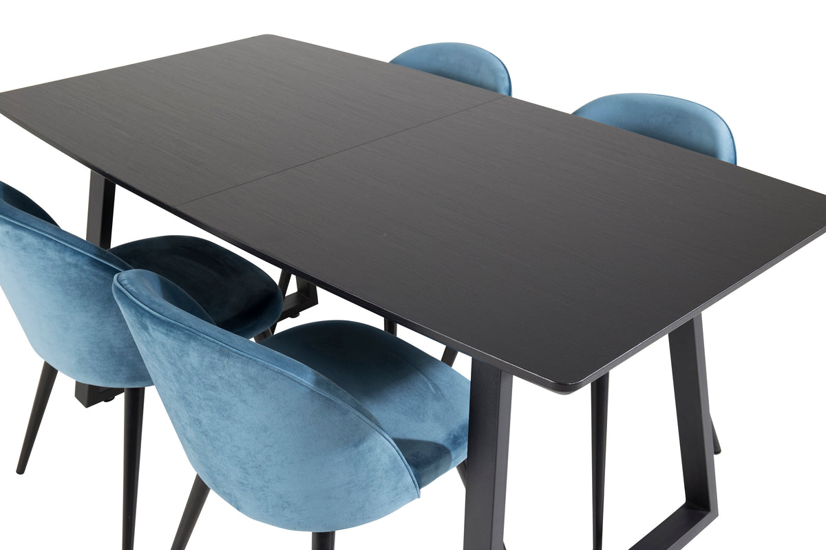 Inca utdragbart matbord svart med 4 Velvet Dining Chair blå