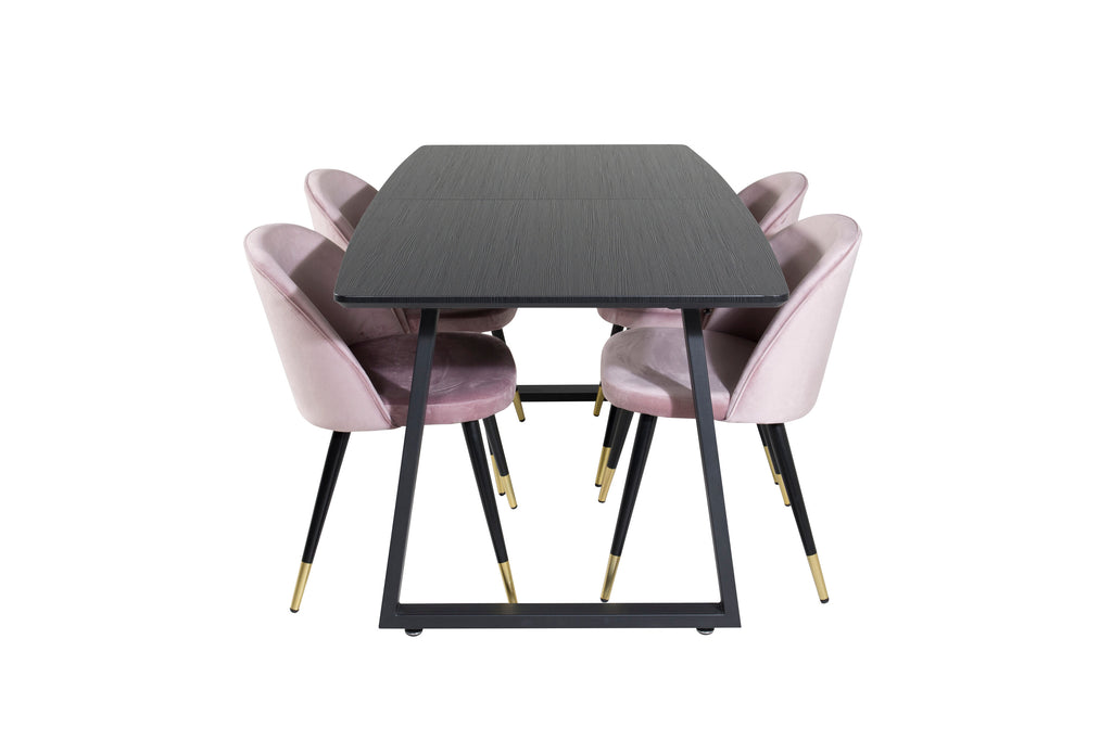 Inca utdragbart matbord svart med 4 Velvet Dining Chair Brass rosa