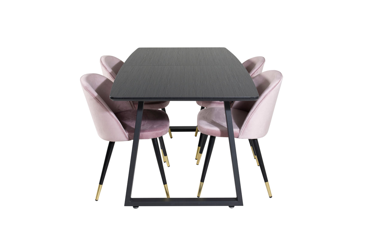 Inca utdragbart matbord svart med 4 Velvet Dining Chair Brass rosa
