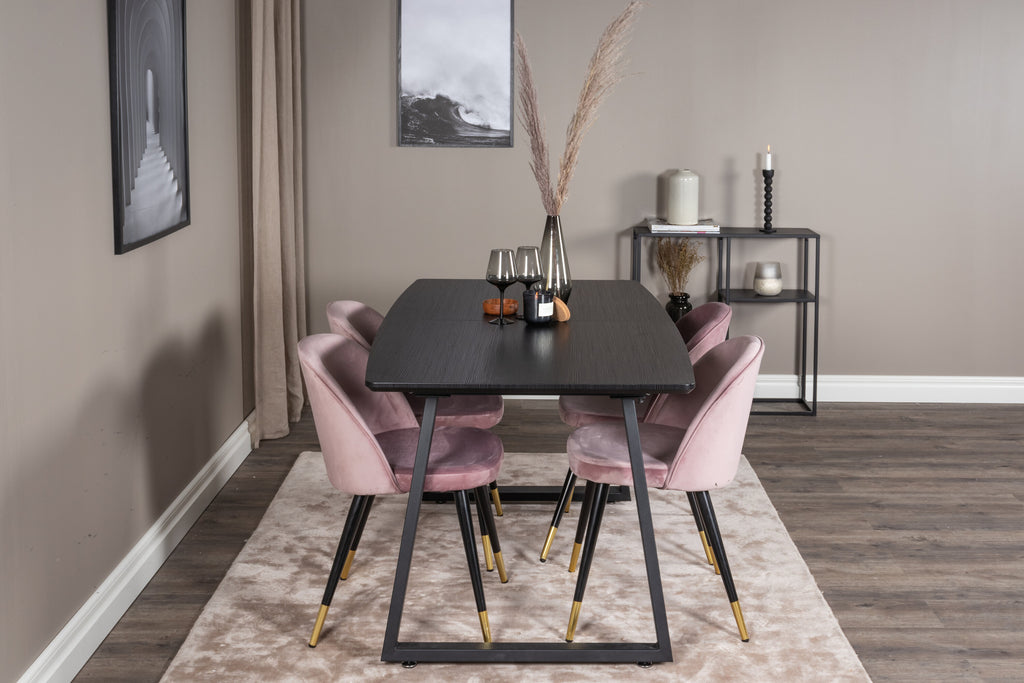 Inca utdragbart matbord svart med 4 Velvet Dining Chair Brass rosa