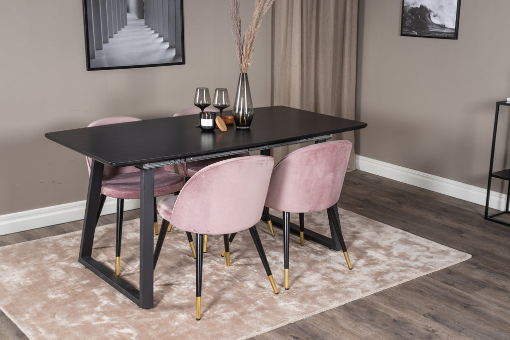 Inca utdragbart matbord svart med 4 Velvet Dining Chair Brass rosa