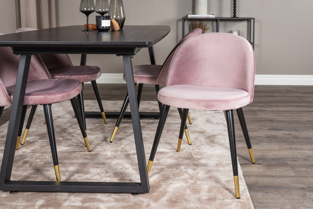 Inca utdragbart matbord svart med 4 Velvet Dining Chair Brass rosa