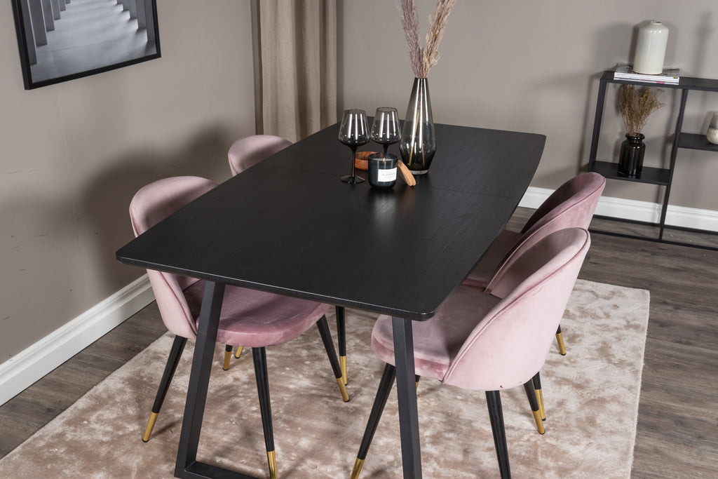 Inca utdragbart matbord svart med 4 Velvet Dining Chair Brass rosa