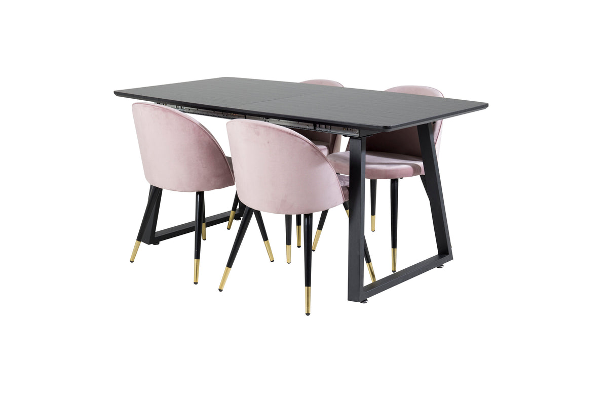 Inca utdragbart matbord svart med 4 Velvet Dining Chair Brass rosa