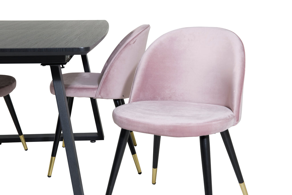 Inca utdragbart matbord svart med 4 Velvet Dining Chair Brass rosa