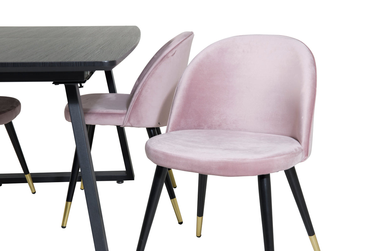 Inca utdragbart matbord svart med 4 Velvet Dining Chair Brass rosa