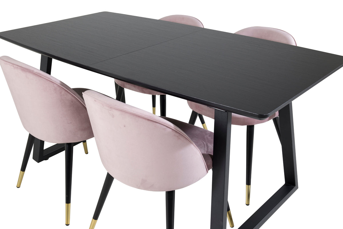 Inca utdragbart matbord svart med 4 Velvet Dining Chair Brass rosa