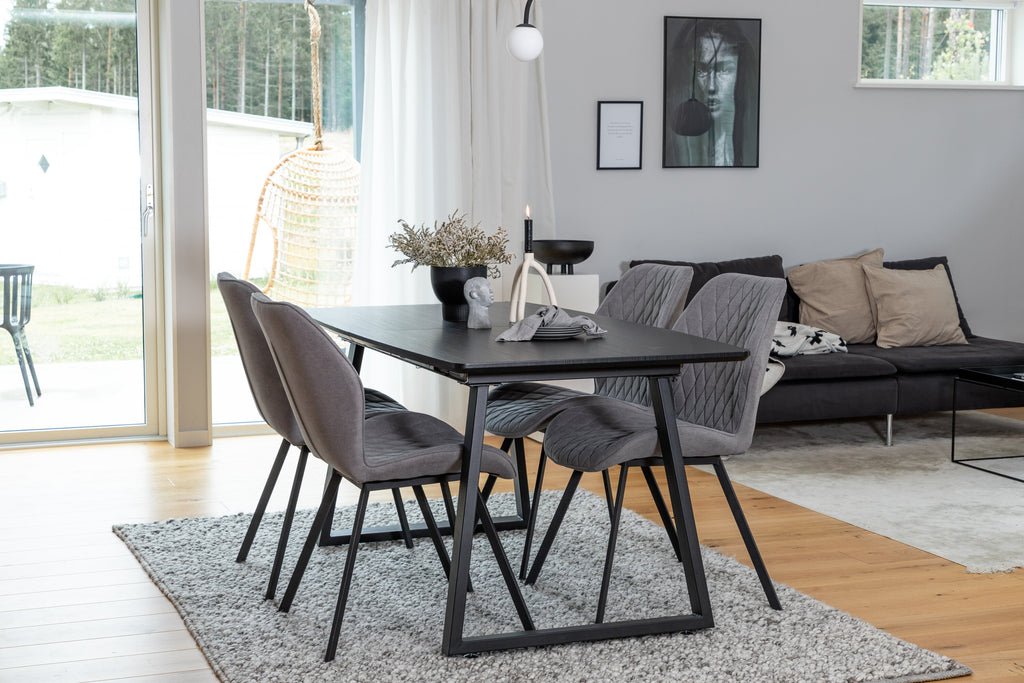 Inca utdragbart matbord svart med 4 Gemma Dining Chair grå tyg